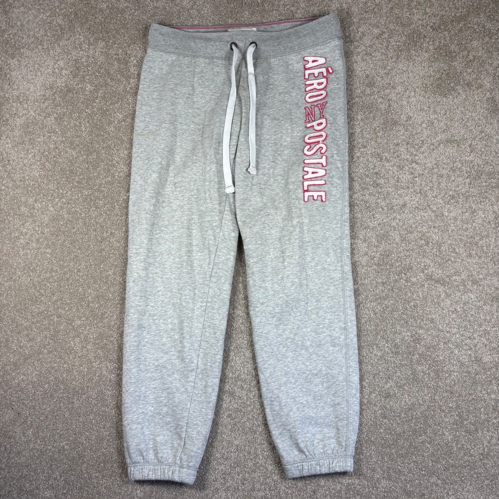 Aeropostale Womens Gray Fleece Joggers Pink Logo Sweatpants Size Medium